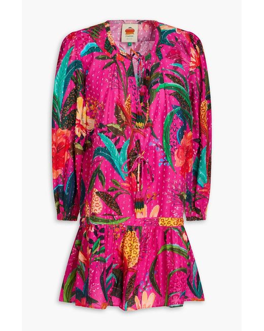 Farm Rio Pink Floral-print Swiss-dot Cotton Mini Dress