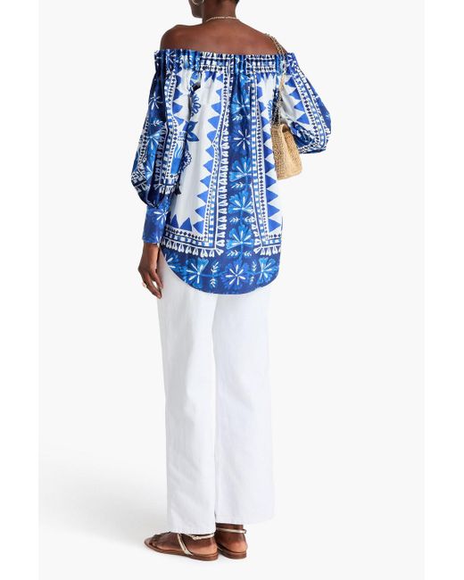 Farm Rio Blue Off-The-Shoulder Printed Cotton-Poplin Top