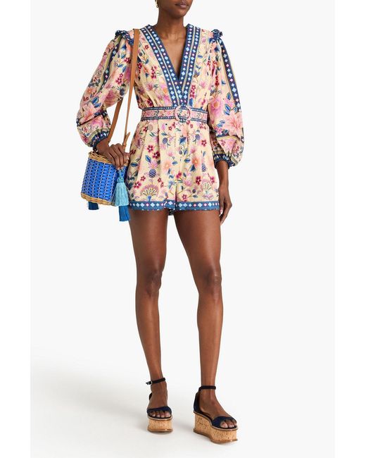 Farm Rio Pink Belted Floral-print Cotton Playsut