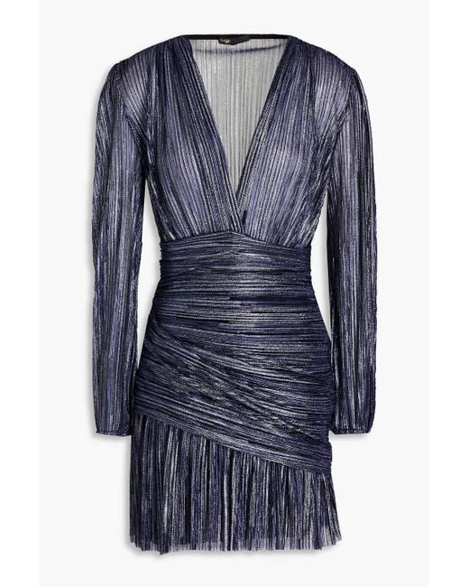 Maje Blue Gathered Metallic Mesh Mini Dress