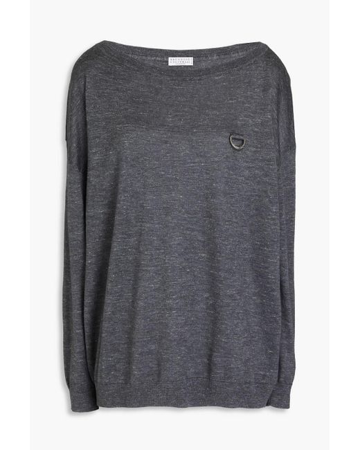 Brunello Cucinelli Gray Ring-embellished Cashmere, Silk And Hemp-blend Sweater