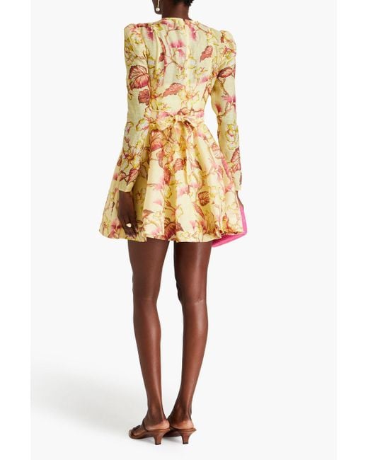 Zimmermann Yellow Belted Floral-print Linen And Silk-blend Mini Dress