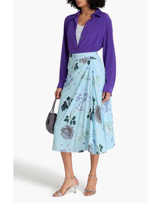 Erdem Blue Draped Floral-Print Crepe Midi Skirt