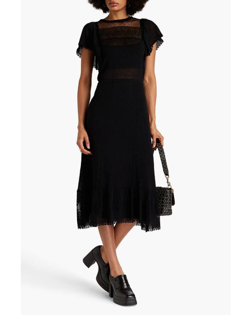 RED Valentino Black Lace-trimmed Linen And Cotton-blend Point D'esprit Midi Dress