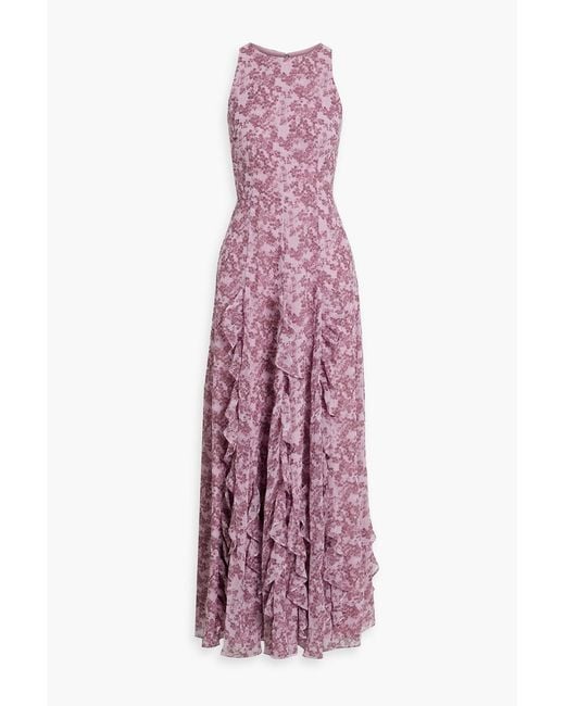 Mikael Aghal Purple Ruffled Floral-Print Chiffon Maxi Dress