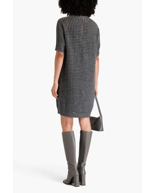 Brunello Cucinelli Gray Sequin-embellished Metallic Open-knit Mini Dress