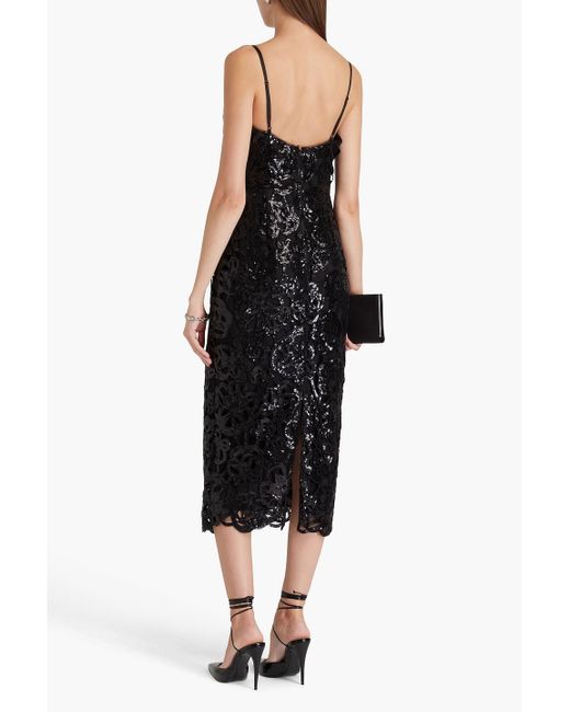 Marchesa Black Sequined Guipure Lace Midi Dress
