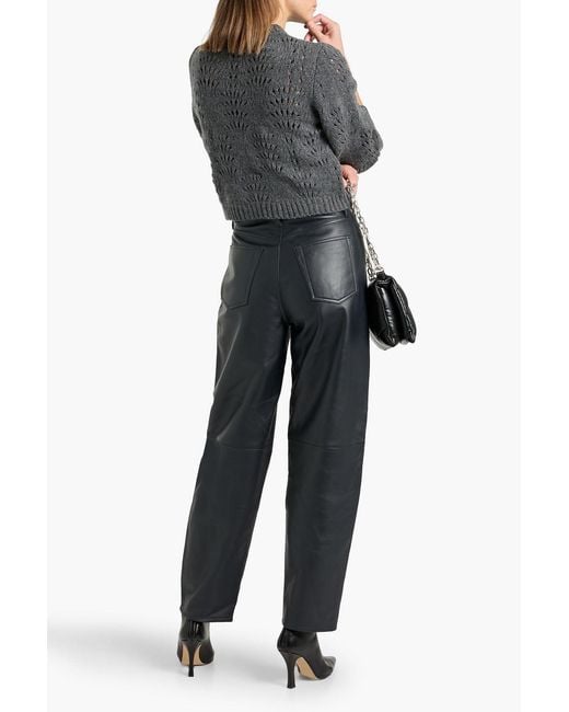 FRAME Gray Cropped Pointelle-Knit Merino Wool Cardigan