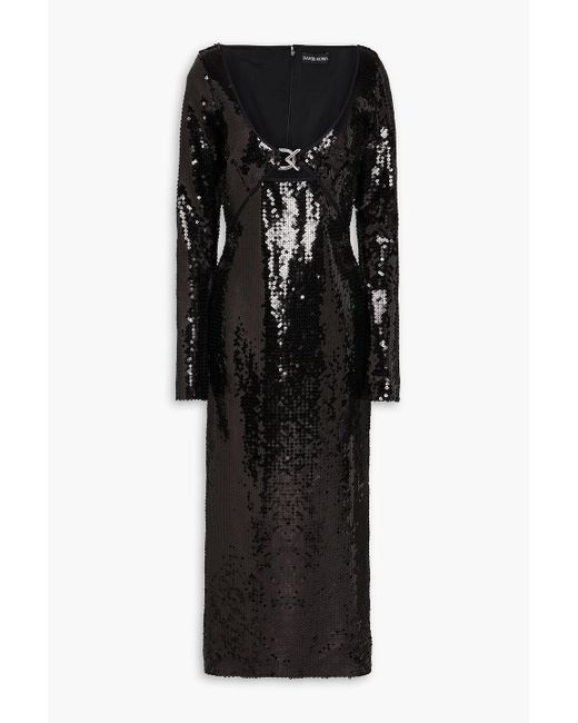 David Koma Black Cutout Sequined Tulle Midi Dress