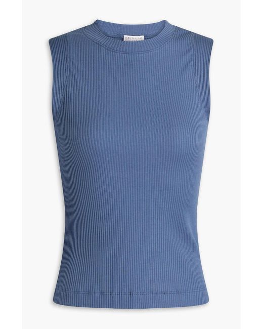 Brunello Cucinelli Blue Bead-embellished Ribbed Cotton-jersey Tank
