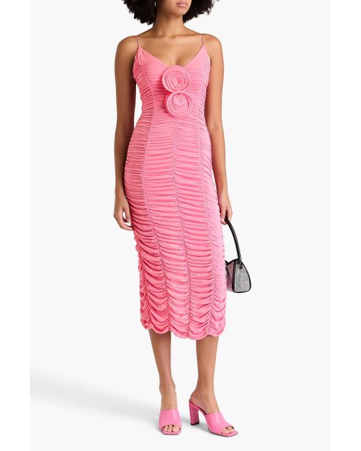 Magda Butrym Pink Ruched Floral-appliquéd Jersey Halterneck Maxi Dress