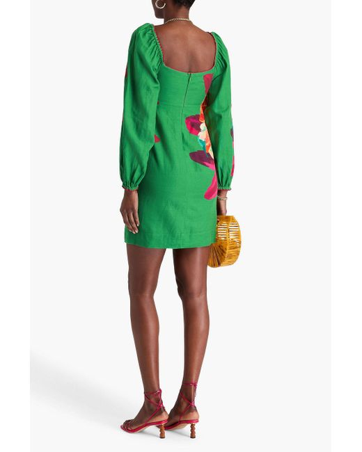 Farm Rio Green Gerafftes minikleid aus einer leinenmischung mit floralem print