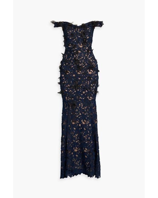 Marchesa Blue Off-The-Shoulder Guipure Lace Gown