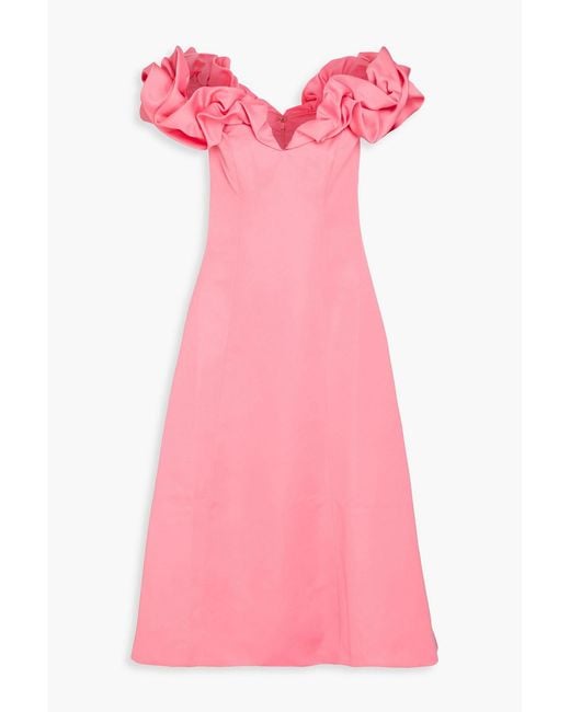 LEO LIN Pink Annie Off-The-Shoulder Satin Midi Dress