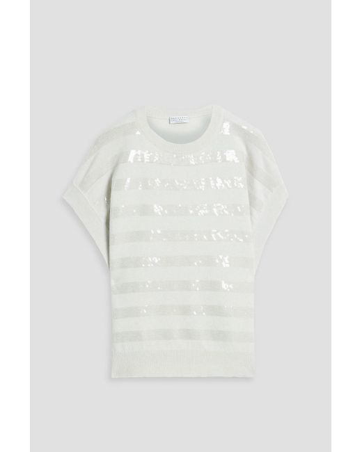 Brunello Cucinelli White Sequin-Embellished Cashmere Top