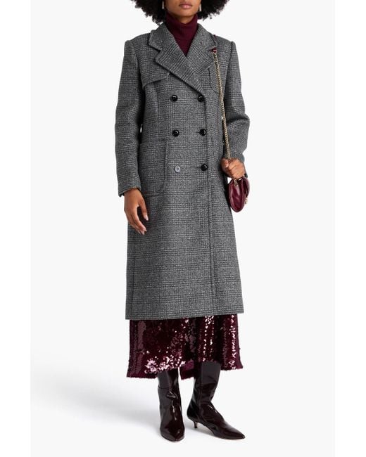 Sandro Gray Double-Breasted Checked Wool-Blend Felt Coat