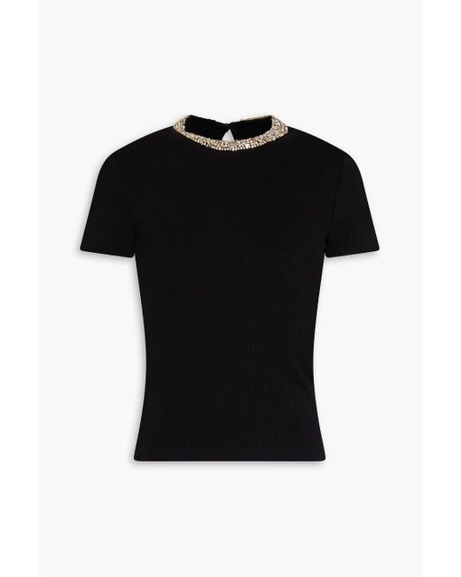 Sandro Black Crystal-Embellished Ribbed Cotton-Blend Jersey Top