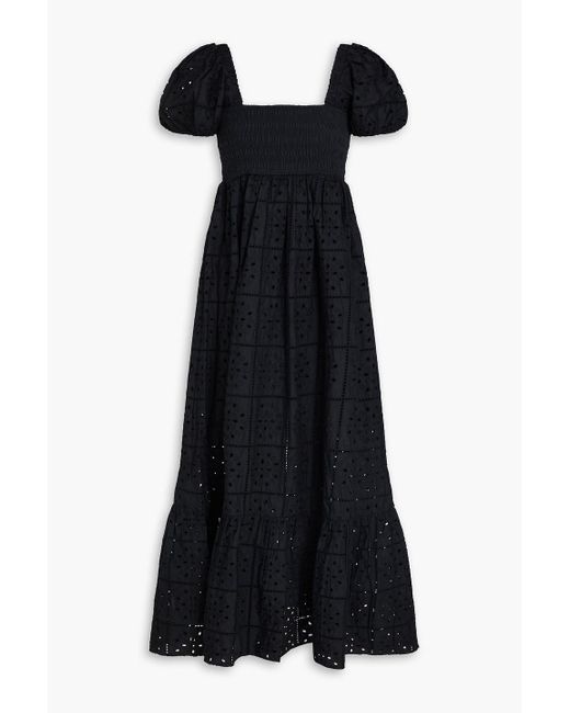 Ganni Black Shirred Broderie Anglaise Cotton Maxi Dress