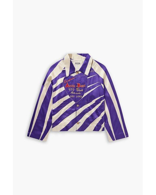 Bode Purple Auto Embroidered Striped Satin Overshirt for men