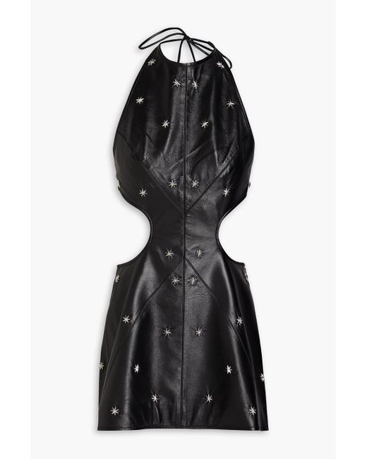 Matériel Black Stars Around Embellished Faux Leather Mini Halterneck Dress