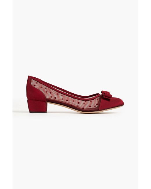 Ferragamo Red Vara Bow-detailed Flocked Mesh And Faille Pumps