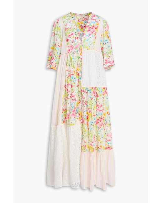 byTiMo White Floral-Print Patchwork Cotton-Blend Mousseline Maxi Dress