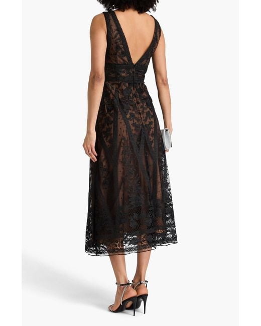 Marchesa Black Tulle-Trimmed Guipure Lace Midi Dress