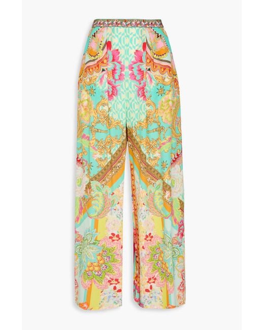 Camilla White Crystal-embellished Printed Silk Crepe De Chine Wide-leg Pants