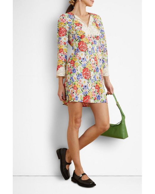 Rixo White Abrielle Lace-trimmed Floral-print Crepe Mini Dress