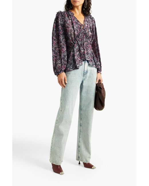 Isabel Marant Gray Noon Ruffle-Trimmed Printed Silk-Georgette Blouse