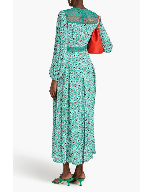 Diane von Furstenberg Green Anjali Guipure Lace-trimmed Printed Crepe Midi Dress