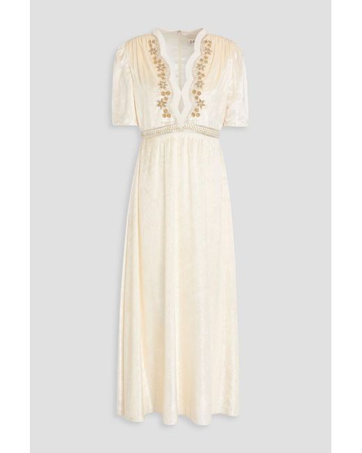 Saloni White Embellished Metallic Velvet Midi Dress