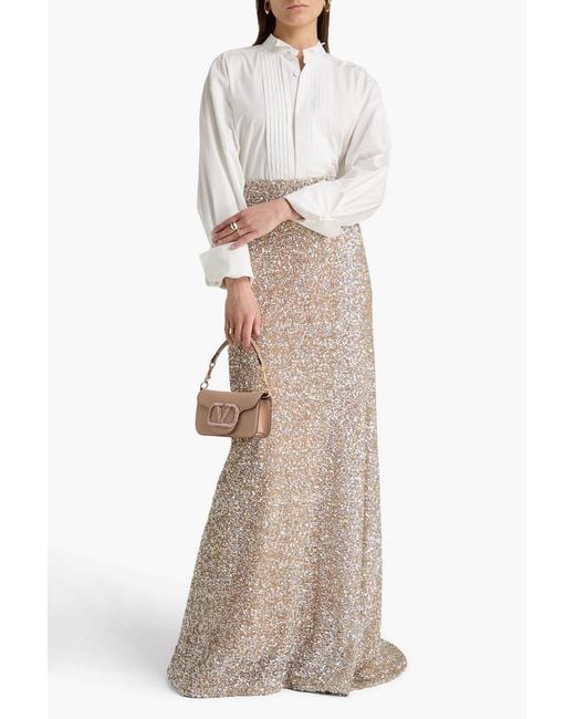 Costarellos Natural Ella Sequined Tulle Maxi Skirt