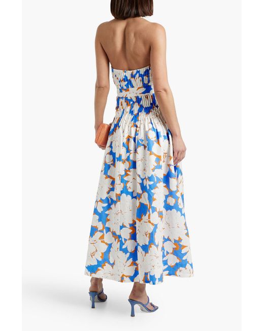Nicholas Blue Calliope Pintucked Floral-print Linen Halterneck Maxi Dress