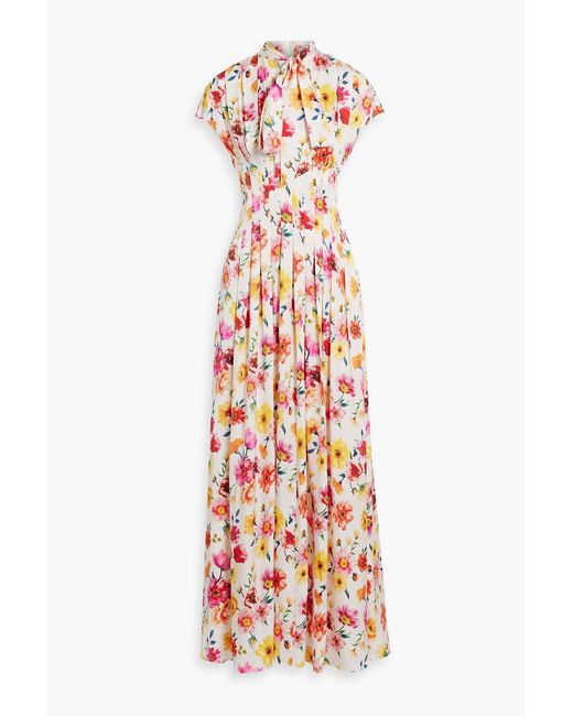 Mikael Aghal White Pussy-Bow Pleated Floral-Print Satin Maxi Dress