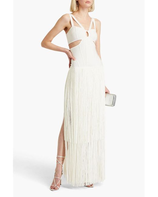 Hervé Léger White Cutout Fringed Bandage Gown