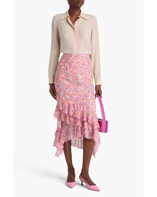Saloni Pink Lita Ruffled Floral-print Silk-chiffon Midi Skirt