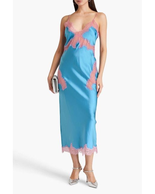 retroféte Blue Jocelyn Embellished Lace-trimmed Satin Midi Slip Dress