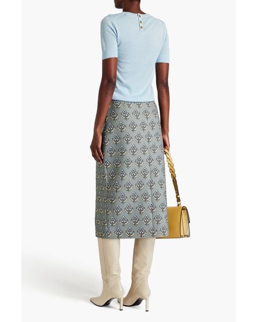 Tory Burch Gray Embellished Printed Crepe Pencil Skirt