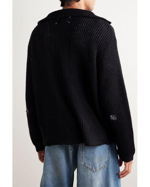 Maison Margiela Black Ribbed Linen And Wool-Blend Half-Zip Sweater for men