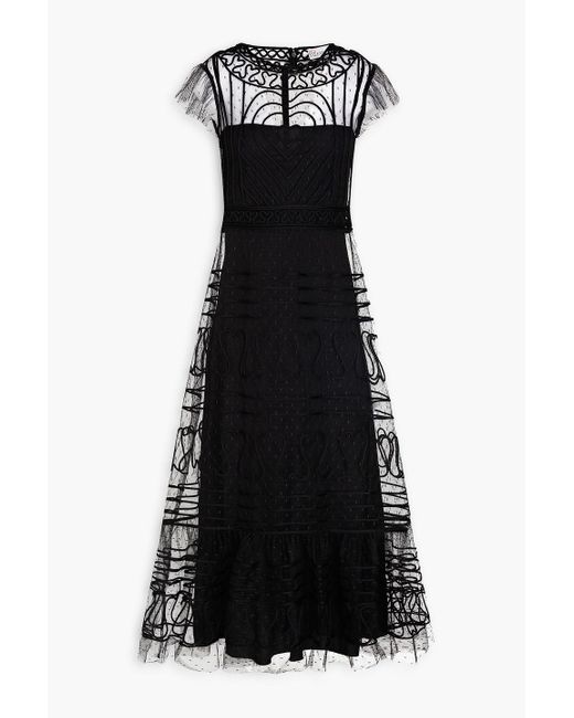 RED Valentino Black Ruffled Embroidered Point D'esprit Midi Dress