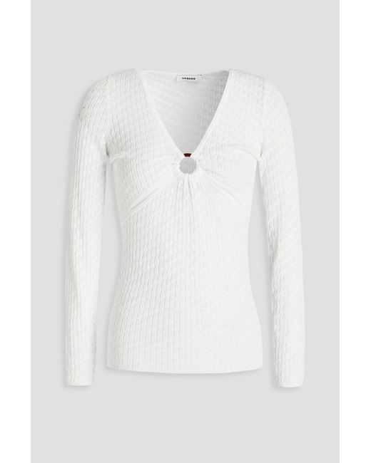 Sandro White Tahys Ring-embellished Cutout Pointelle-knit Top