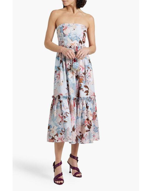 Cara Cara White Torres Tiered Floral-print Linen Midi Dress