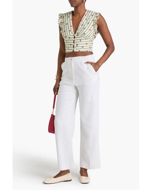 Claudie Pierlot White Cropped Embroidered Striped Linen Top