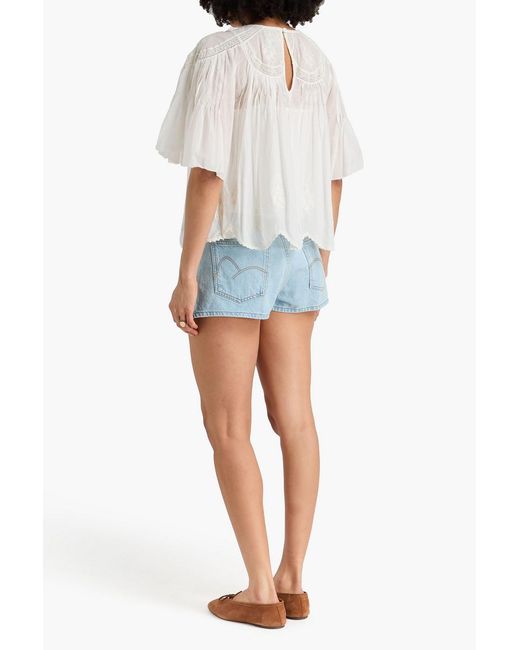 Farm Rio White Embroidered Pintucked Cotton-Gauze Top