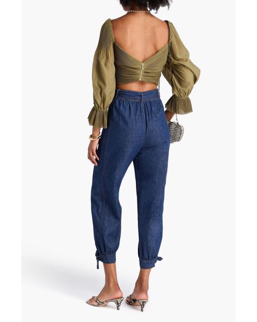 Zimmermann Green Cropped Plissé-organza Top