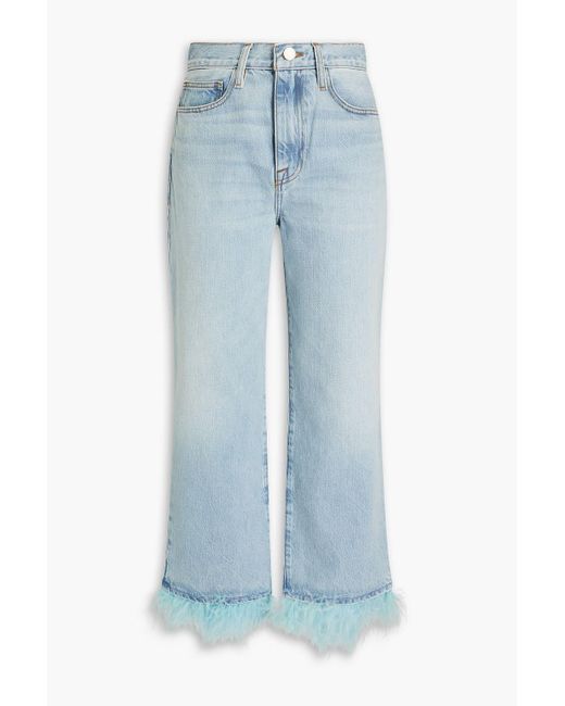FRAME Blue Cropped Feather-embellished High-rise Straight-leg Jeans