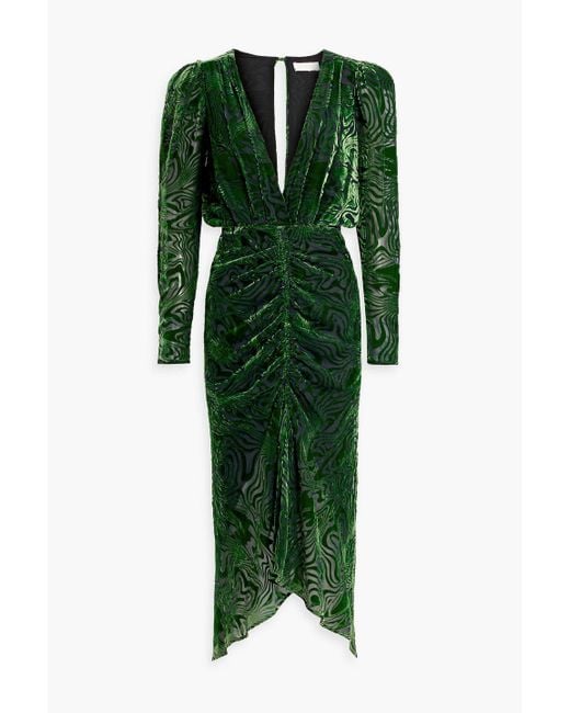 Ronny Kobo Green Ruched Devoré-velvet Midi Dress