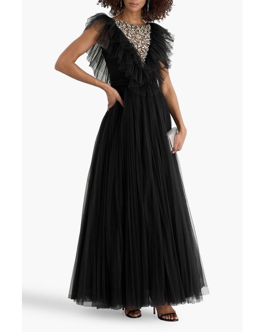 Jenny Packham Black Fox Glove Embellished Ruffled Tulle Gown