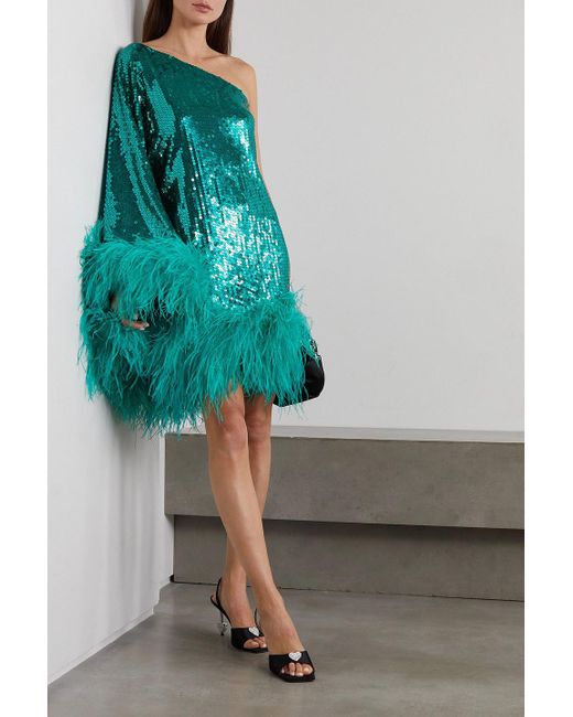 ‎Taller Marmo Blue Piccolo disco ubud minikleid aus crêpe mit federn und asymmetrischer schulterpartie
